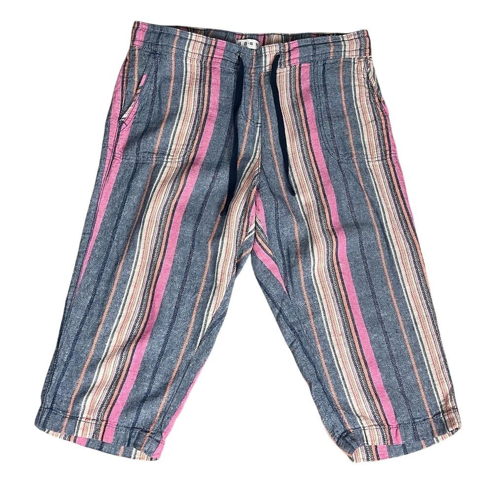 Dash Women Pull On Capri Pants Size PL Linen Blend Wide Leg Striped Lounge